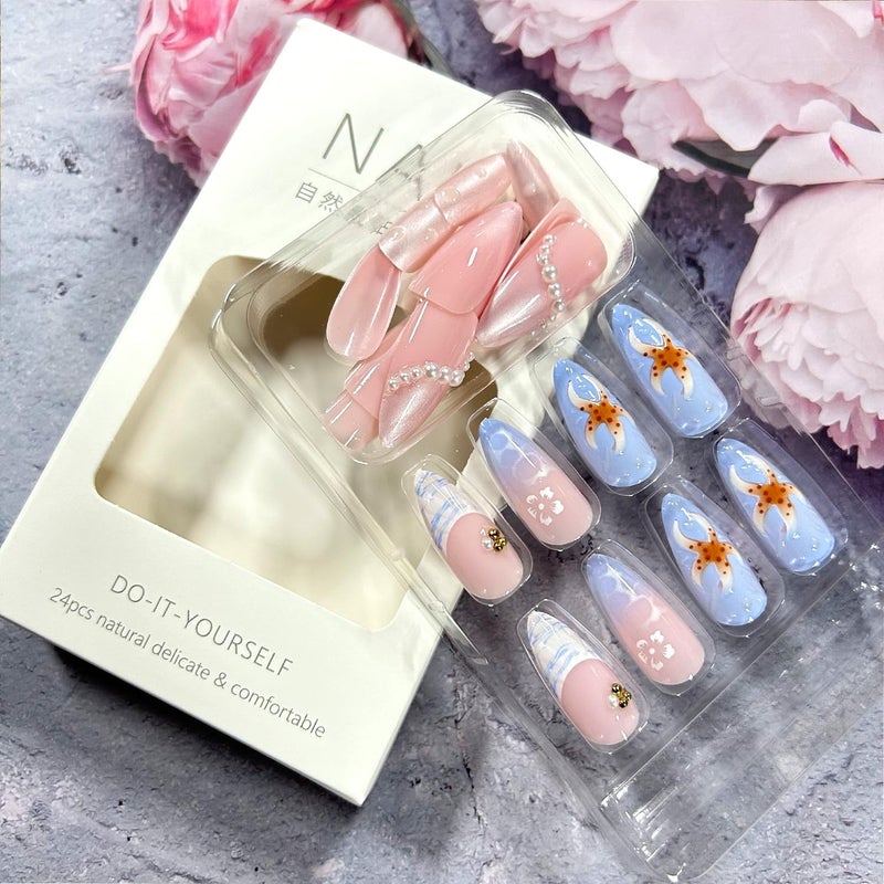 CJDLTS French Tip Ripple Press on Nails Medium Almond Artificial Acrylic Nail Gradient 3D Starfish Pearl with Flower Design Stick on Nails Full Cover Reusable Coffin Artificial Fingernails for Women - Image 4